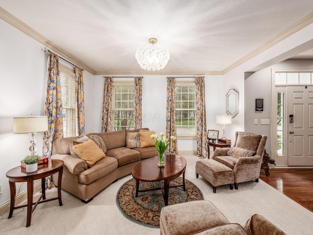6676 Ballantrae Pl, Dublin, OH 43016 - living room featuring ornamental molding, a chandelier, and wood finished floors