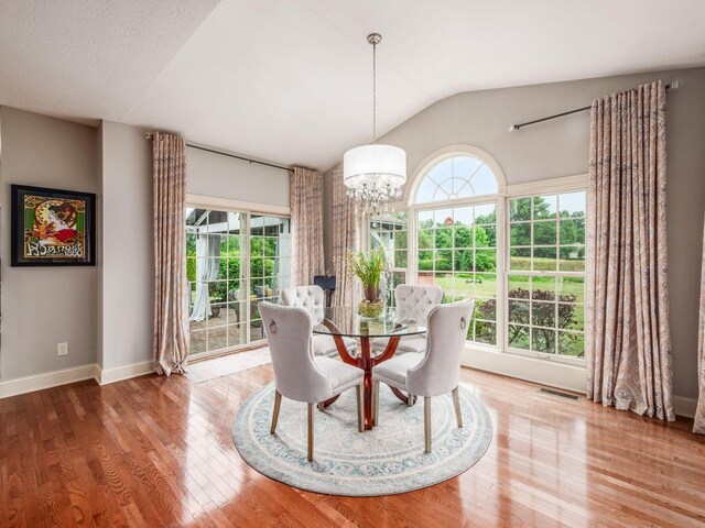 6676 Ballantrae Pl, Dublin, OH 43016 - dining space featuring lofted ceiling, wood finished floors, and a chandelier