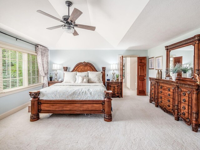 6676 Ballantrae Pl, Dublin, OH 43016 - bedroom with light carpet, a ceiling fan, and lofted ceiling