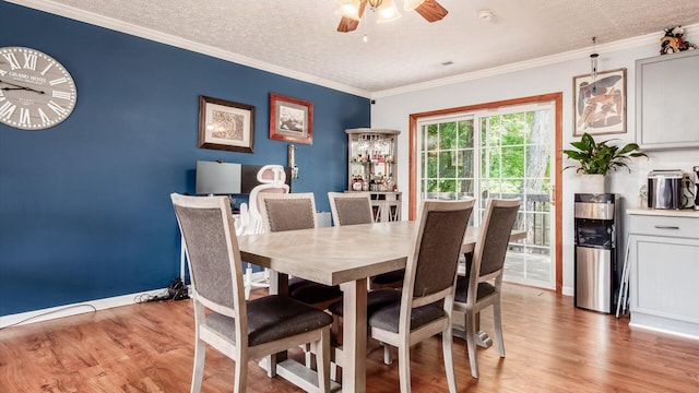 13376 Maple Rd NE, Thornville, OH 43076 - dining area with light wood-type flooring, a textured ceiling, a ceiling fan, and ornamental molding