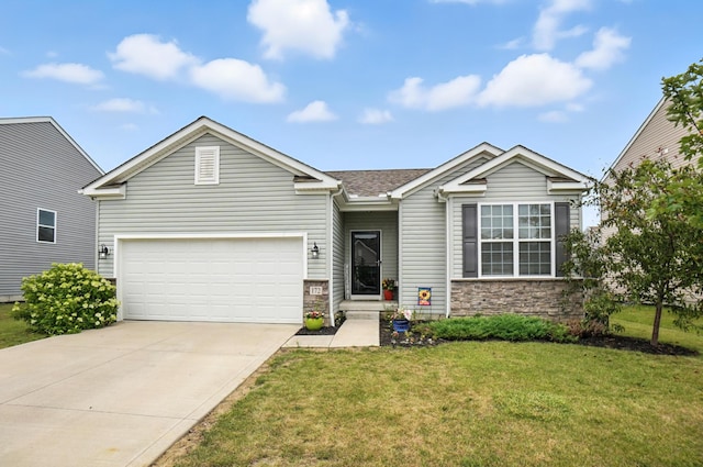 172 Rosewood Loop SE, Commercial Point, OH 43116 - ranch-style home with concrete driveway, a front lawn, a garage, and stone siding