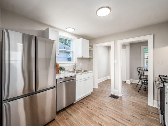 2040 Fairmont Ave, Columbus, OH 43223 - kitchen with appliances with stainless steel finishes, white cabinetry, light wood-type flooring, and light stone countertops