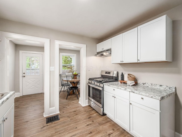 2040 Fairmont Ave, Columbus, OH 43223 - kitchen with stainless steel range with gas stovetop, under cabinet range hood, light wood finished floors, and white cabinets