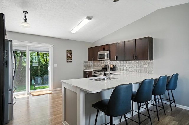 6803 Alex Dr, Canal Winchester, OH 43110 - kitchen featuring appliances with stainless steel finishes, lofted ceiling, decorative backsplash, light wood-style flooring, and a peninsula