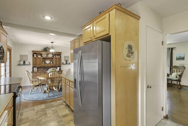 784 Colonial Dr, Heath, OH 43056 - kitchen with appliances with stainless steel finishes, open shelves, light brown cabinets, recessed lighting, and light wood-style flooring
