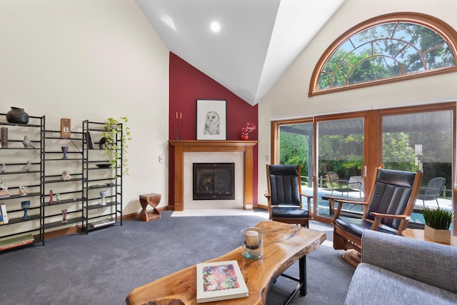 5232 Lola Way, Columbus, OH 43235 - carpeted living room featuring high vaulted ceiling and a fireplace with flush hearth
