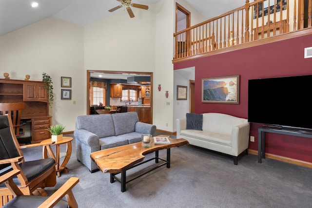 5232 Lola Way, Columbus, OH 43235 - living room featuring high vaulted ceiling, a ceiling fan, carpet floors, and recessed lighting