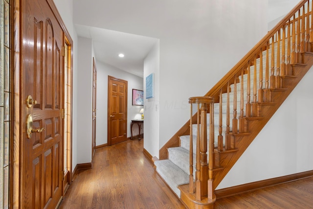 5232 Lola Way, Columbus, OH 43235 - foyer with stairs, wood finished floors, and recessed lighting