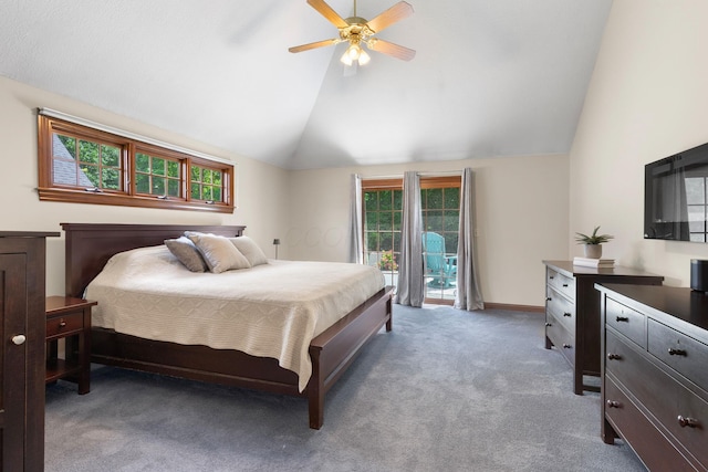 5232 Lola Way, Columbus, OH 43235 - carpeted bedroom featuring lofted ceiling, access to exterior, and ceiling fan