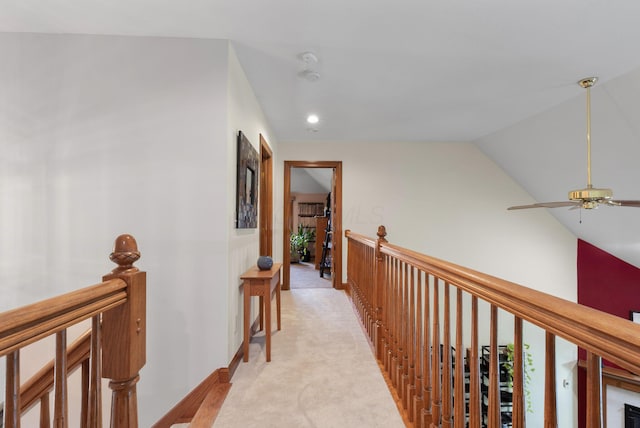 5232 Lola Way, Columbus, OH 43235 - corridor featuring an upstairs landing, lofted ceiling, light carpet, and recessed lighting