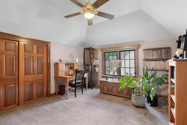 5232 Lola Way, Columbus, OH 43235 - office area featuring vaulted ceiling, a ceiling fan, and carpet