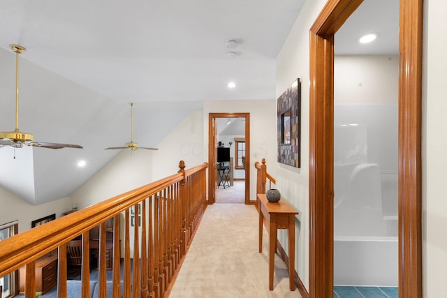 5232 Lola Way, Columbus, OH 43235 - hall featuring an upstairs landing, recessed lighting, vaulted ceiling, and light colored carpet