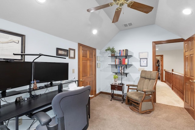 5232 Lola Way, Columbus, OH 43235 - office featuring a ceiling fan, light colored carpet, lofted ceiling, and recessed lighting