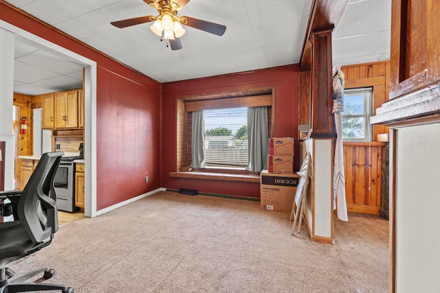 716 Uncapher Ave, Marion, OH 43302 - unfurnished office with light colored carpet, ceiling fan, and wood walls