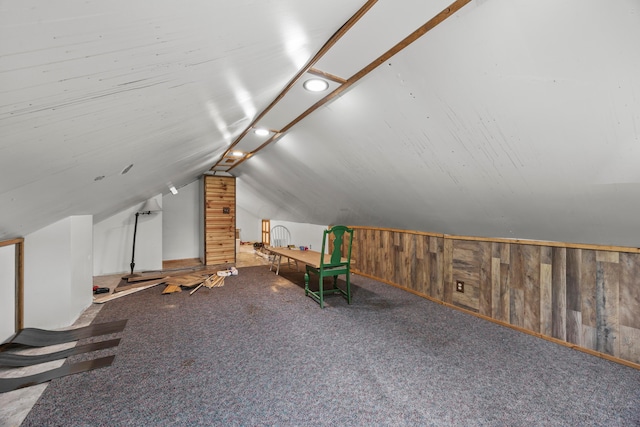 716 Uncapher Ave, Marion, OH 43302 - additional living space featuring lofted ceiling, carpet flooring, and wood walls