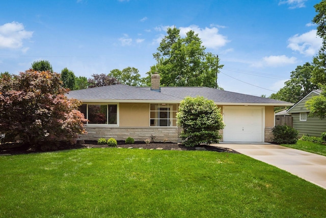 2269 Cranford Rd, Columbus, OH 43221 - ranch-style home featuring stone siding, concrete driveway, a front lawn, and a chimney
