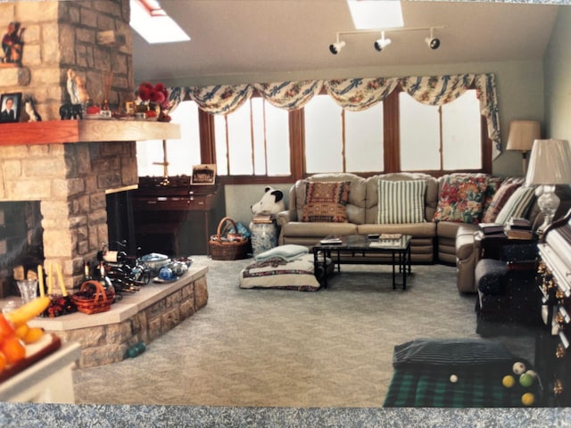 3535 Polley Rd, Columbus, OH 43221 - living area with a skylight, a stone fireplace, and carpet