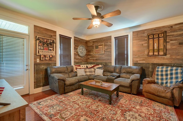 1715 Carroll Southern Rd NW, Carroll, OH 43112 - living room featuring wood walls, ceiling fan, crown molding, and wood finished floors