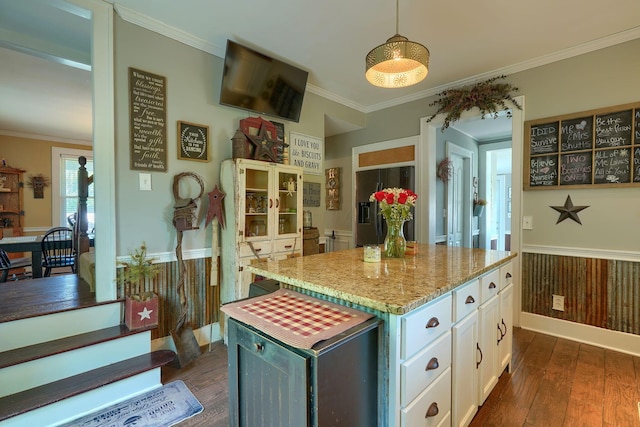 1715 Carroll Southern Rd NW, Carroll, OH 43112 - kitchen with refrigerator with ice dispenser, white cabinetry, dark wood-style flooring, a kitchen island, and ornamental molding