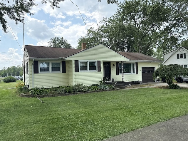 16 Horseshoe Dr, Monroeville, OH 44847 - ranch-style home featuring an attached garage, a chimney, a front yard, concrete driveway, and a shingled roof