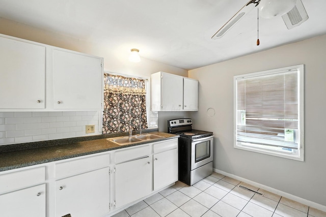 1193 Marble Dr, Columbus, OH 43227 - kitchen featuring stainless steel range with electric cooktop, tasteful backsplash, dark countertops, white cabinetry, and light tile patterned floors