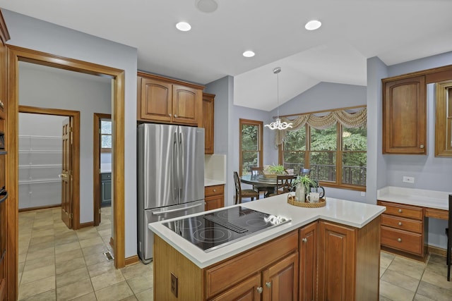 2773 Eleanor Way, Lewis Center, OH 43035 - kitchen with freestanding refrigerator, black electric cooktop, a chandelier, a center island, and light countertops
