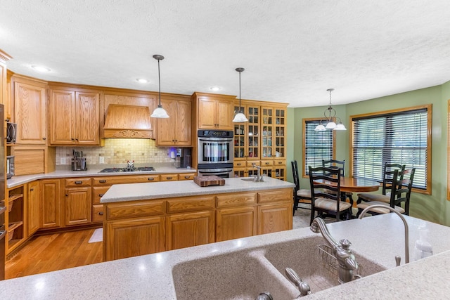 6247 State Route 61, Shelby, OH 44875 - kitchen with premium range hood, appliances with stainless steel finishes, light countertops, tasteful backsplash, and a textured ceiling