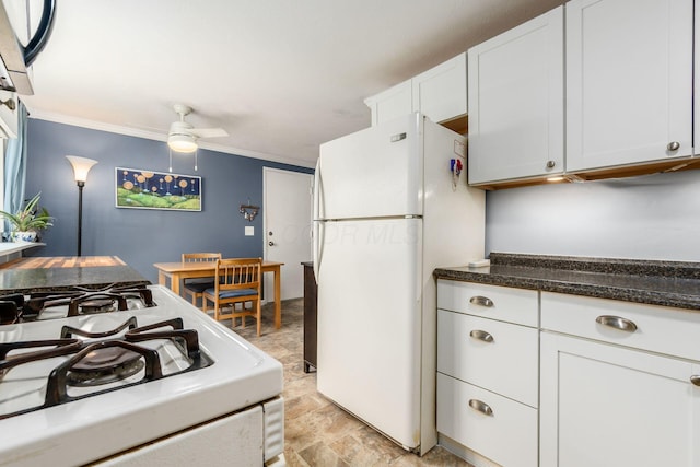5950 Ambleside Dr, Columbus, OH 43229 - kitchen with white appliances, white cabinetry, ceiling fan, crown molding, and stone finish flooring