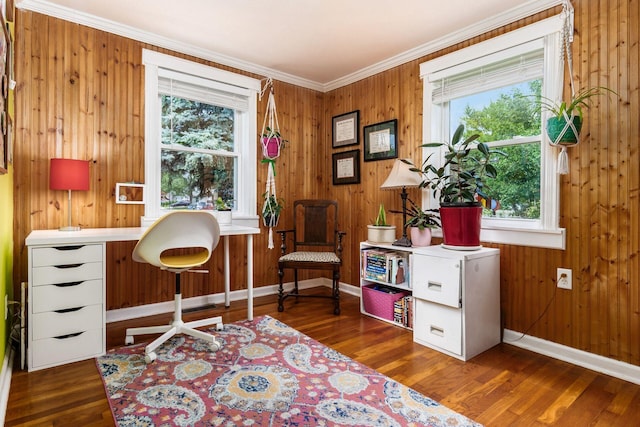 5950 Ambleside Dr, Columbus, OH 43229 - home office with plenty of natural light, crown molding, wood finished floors, and wooden walls