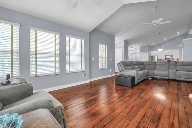 4887 Rays Cir, Dublin, OH 43016 - living room featuring a ceiling fan, dark wood finished floors, and high vaulted ceiling