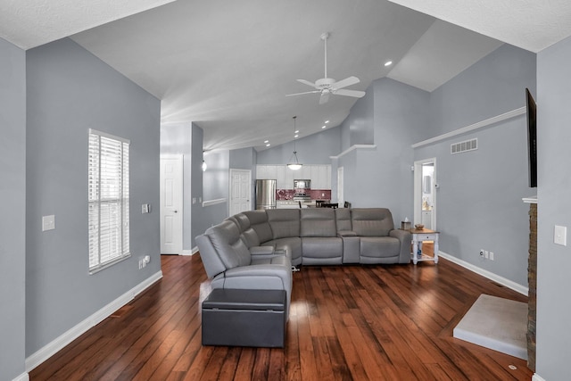 4887 Rays Cir, Dublin, OH 43016 - living area featuring a ceiling fan, dark wood-style flooring, and high vaulted ceiling