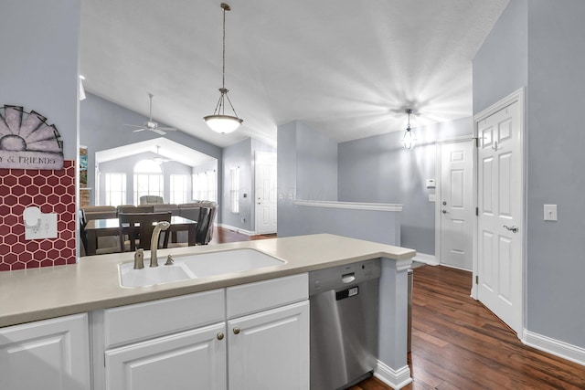 4887 Rays Cir, Dublin, OH 43016 - kitchen with dishwasher, dark wood-style floors, white cabinetry, light countertops, and ceiling fan