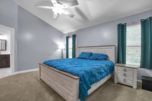 4887 Rays Cir, Dublin, OH 43016 - carpeted bedroom featuring lofted ceiling, multiple windows, ensuite bath, and ceiling fan