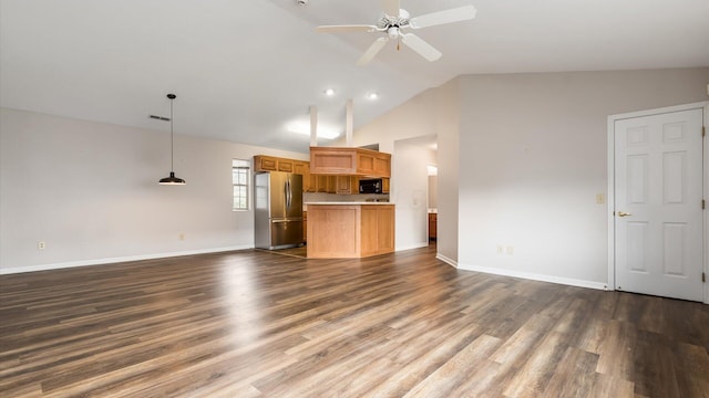 733 Windsor Ln, Heath, OH 43056 - unfurnished living room featuring ceiling fan, dark wood-type flooring, and high vaulted ceiling