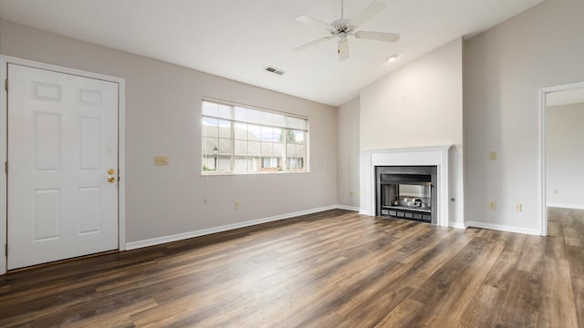 733 Windsor Ln, Heath, OH 43056 - unfurnished living room featuring wood finished floors, ceiling fan, a fireplace, and high vaulted ceiling