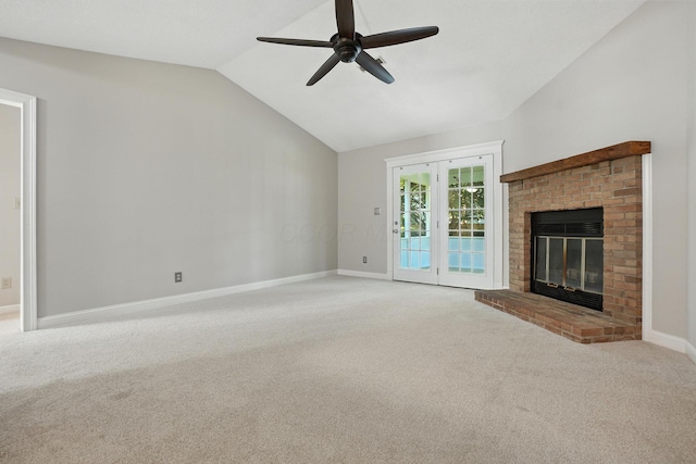 5975 Meadowsglen Dr, Dublin, OH 43017 - unfurnished living room with carpet floors, vaulted ceiling, ceiling fan, and a brick fireplace