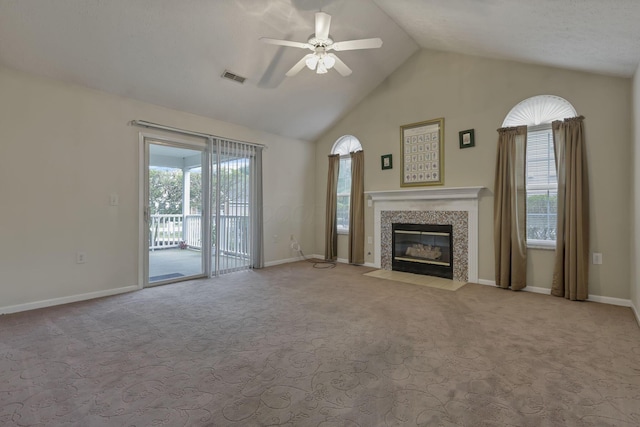 892 Shelbourne Pl, Newark, OH 43055 - unfurnished living room with carpet flooring, ceiling fan, plenty of natural light, and high vaulted ceiling