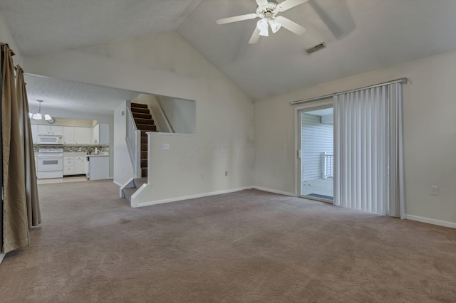 892 Shelbourne Pl, Newark, OH 43055 - unfurnished living room with stairway, ceiling fan, lofted ceiling, and light carpet