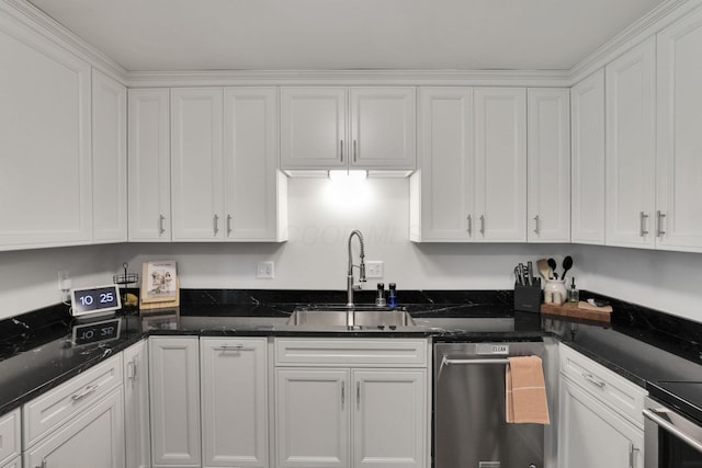 54 Barry Rd SW, Reynoldsburg, OH 43068 - kitchen with dishwasher, white cabinetry, and dark stone countertops