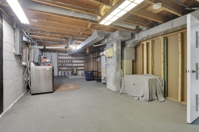 54 Barry Rd SW, Reynoldsburg, OH 43068 - unfinished basement featuring washing machine and dryer, electric panel, and water heater
