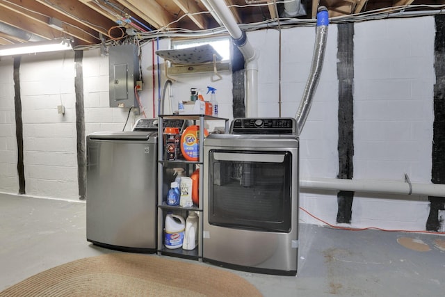 54 Barry Rd SW, Reynoldsburg, OH 43068 - unfinished basement with electric panel, washing machine and dryer, a water softener system, and concrete block wall