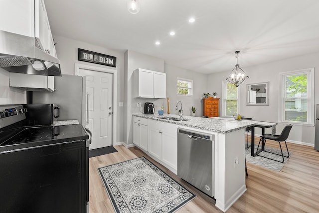 1008 E Whittier St, Columbus, OH 43206 - kitchen with stainless steel dishwasher, black range with electric stovetop, a peninsula, exhaust hood, and white cabinets
