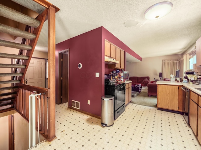2883 Castlebrook Ave, Hilliard, OH 43026 - kitchen with black electric range, under cabinet range hood, light floors, dishwasher, and a textured ceiling