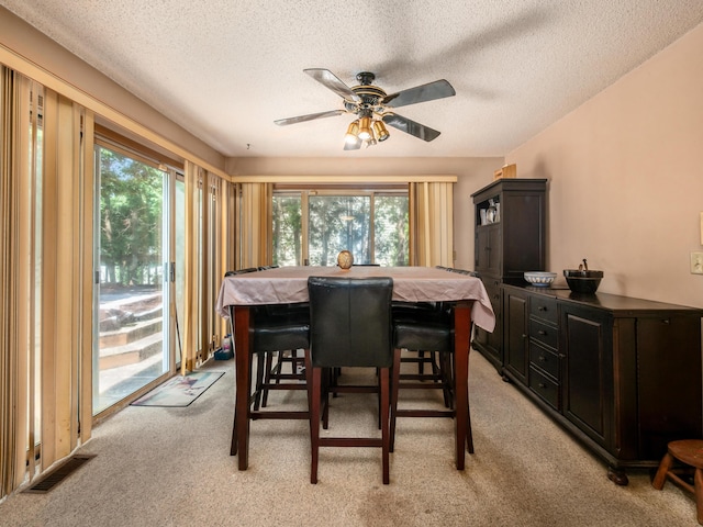 2883 Castlebrook Ave, Hilliard, OH 43026 - dining room featuring healthy amount of natural light, a textured ceiling, ceiling fan, and light colored carpet
