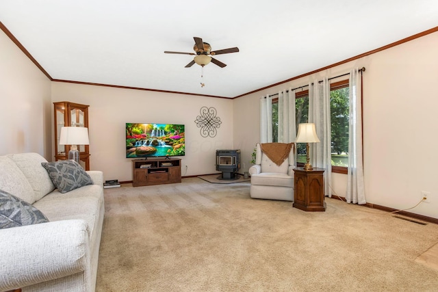 3251 Old Mill Rd NE, Lancaster, OH 43130 - living area with a wood stove, a ceiling fan, light colored carpet, and ornamental molding