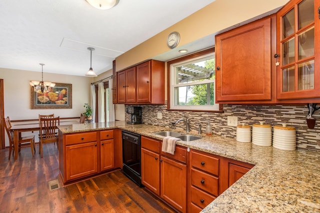 3251 Old Mill Rd NE, Lancaster, OH 43130 - kitchen with dishwasher, a peninsula, tasteful backsplash, and dark wood finished floors