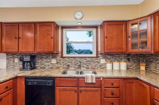 3251 Old Mill Rd NE, Lancaster, OH 43130 - kitchen with dishwasher, tasteful backsplash, glass insert cabinets, light stone counters, and brown cabinetry