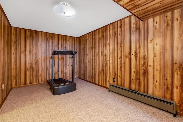 3251 Old Mill Rd NE, Lancaster, OH 43130 - exercise area with a baseboard radiator, carpet floors, and wooden walls