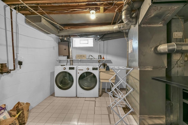 1533 Sandringham Ct, Columbus, OH 43220 - washroom with washing machine and clothes dryer, electric panel, and tile patterned floors
