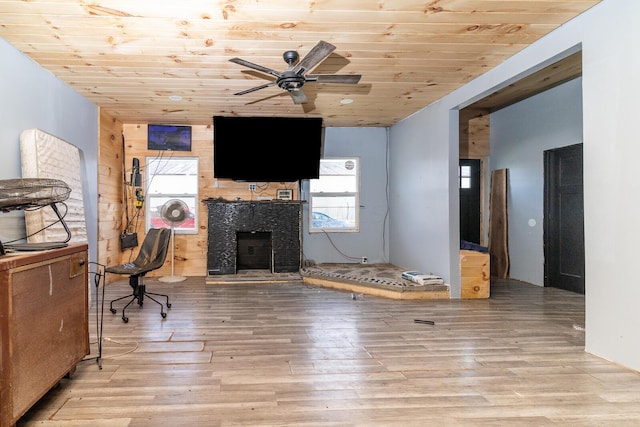 324 Quarry St, Marion, OH 43302 - living area featuring wood ceiling, ceiling fan, wood-type flooring, and a fireplace with raised hearth